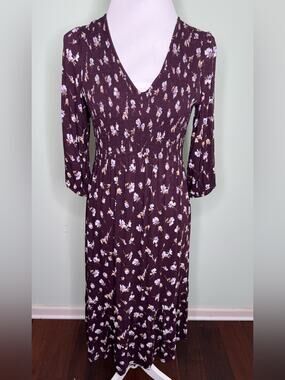 J.Jill Floral Midi Dress Women's Plum Purple Smocked V-Neck 3/4 Sleeve Size XS